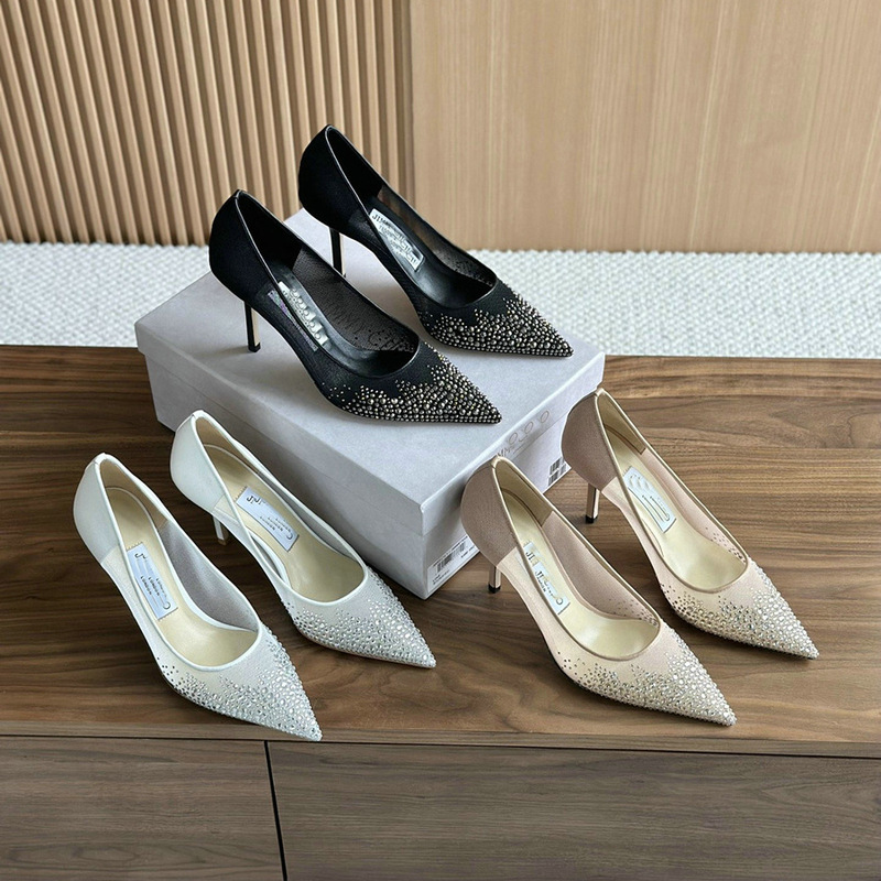 Cabinet-Level Quality~~Dongguan-Made European and American Fashionable Rhinestone Mesh Shallow Mouth Pointed Toe High Heels, Comfortable Flats for Women, Versatile