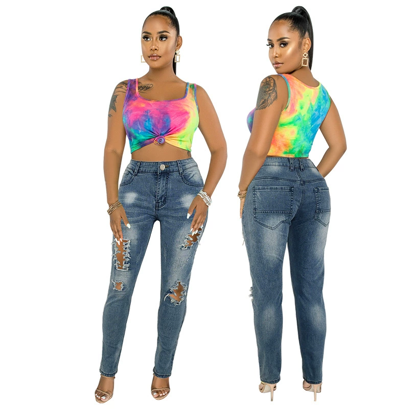 21817 трансграничная женская одежда 2021 осень новая дырка лошадь скользит вода сексуальные джинсовые брюки Amazon New