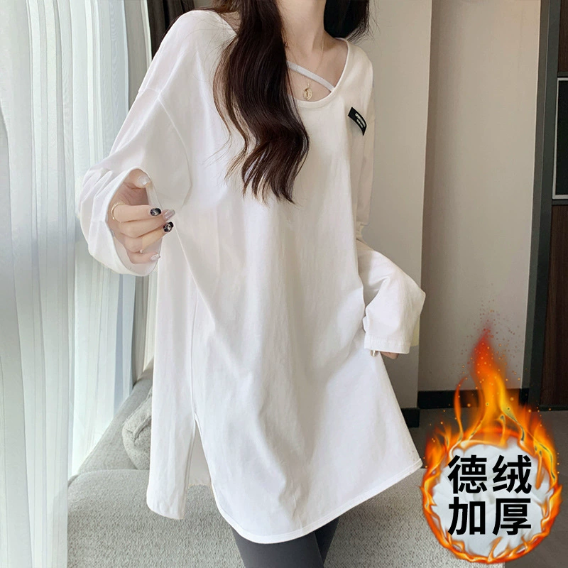 Нижняя рубашка длинная белая свободная крышка бедра тонкая футболка осенью и зимой