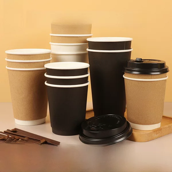 Disposable Coffee Cups with Lids, Wholesale Custom-Made Milk Tea Takeaway Packaging, Double-Layer Hollow Cups, Kraft Paper Hot Drink Cups