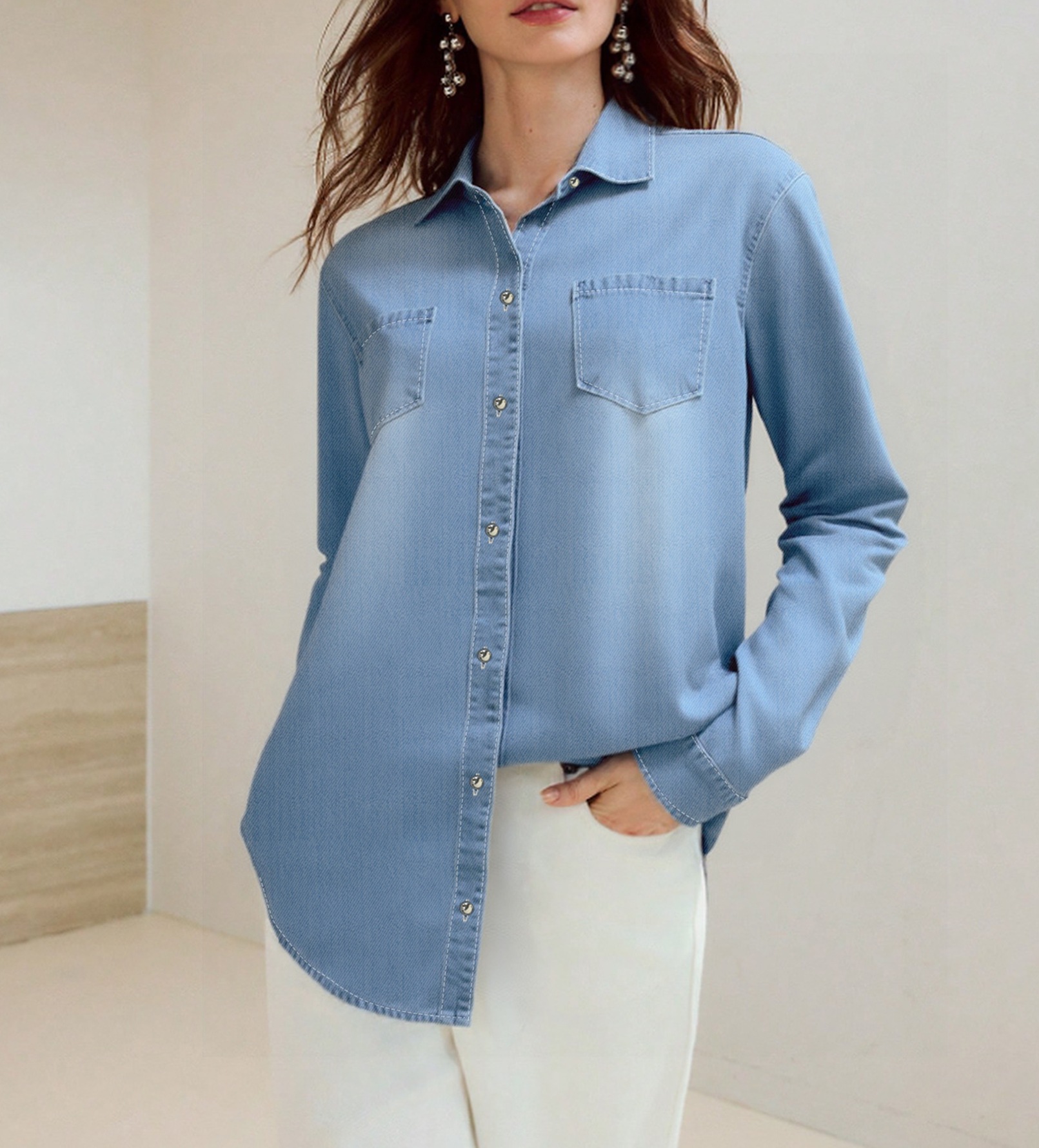 Giacca in denim classica da donna – Camicia casual con bottoni e colletto polo_voghion.com