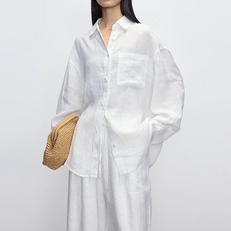 100% Imported Linen White Women's Shirt Relaxed High Sense Loose Long Sleeve Shirt New Style Top