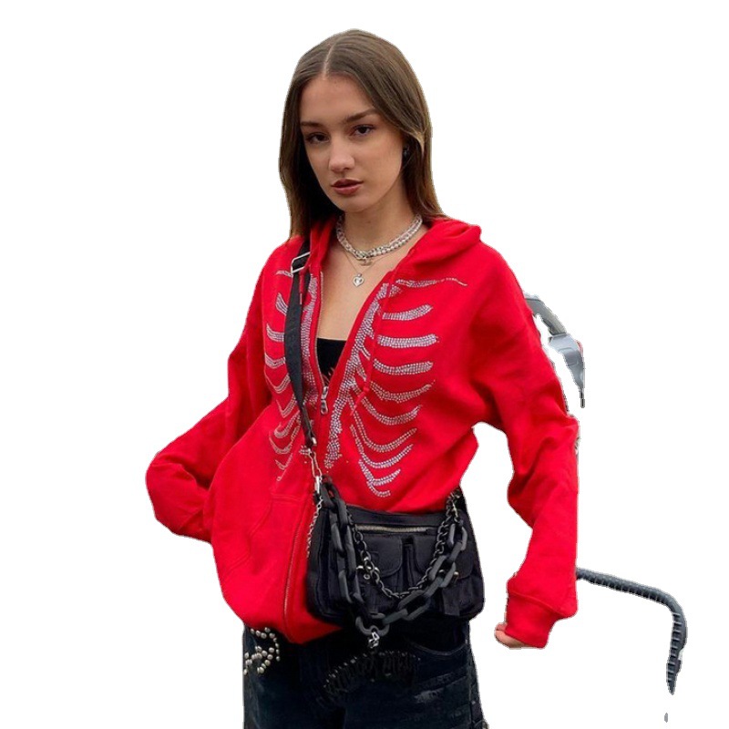 2021 Amazon Street Fashion estilo casual color sólido esternón rhinestone cremallera con capucha suéter Suelto
