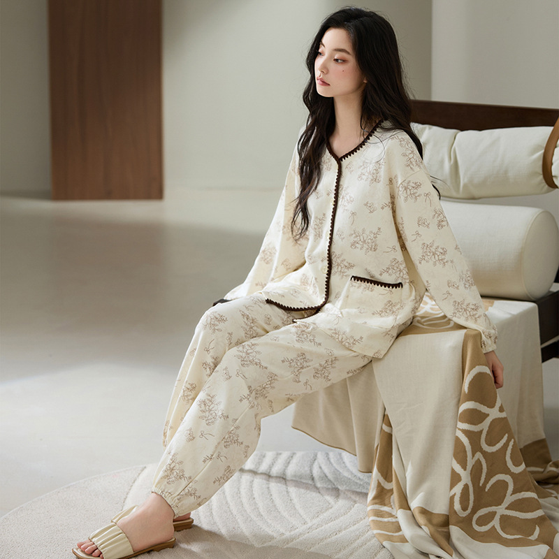 Class a Antibacterial 95 Cotton Cool Cotton Pajamas Women's Long-Sleeved Pants High-End Cardigan Lapel Home Clothes Two-Piece Suit for Outer Wear
