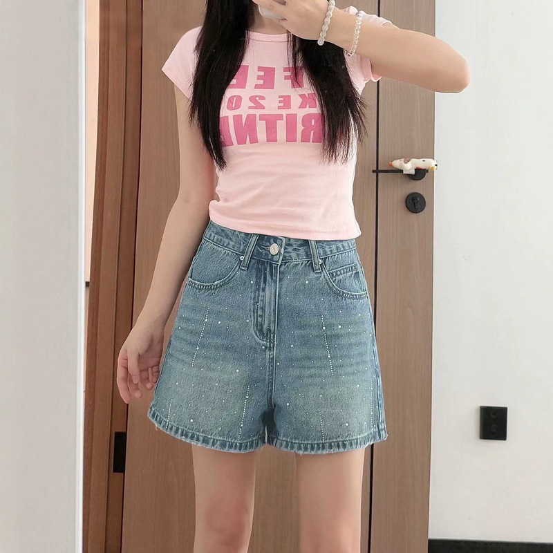 Blue Rhinestone Denim Shorts for Women, Plus Size, Summer Thin Style, Flattering for Pear-Shaped Body, Loose Wide-Leg A-Line Hot Pants