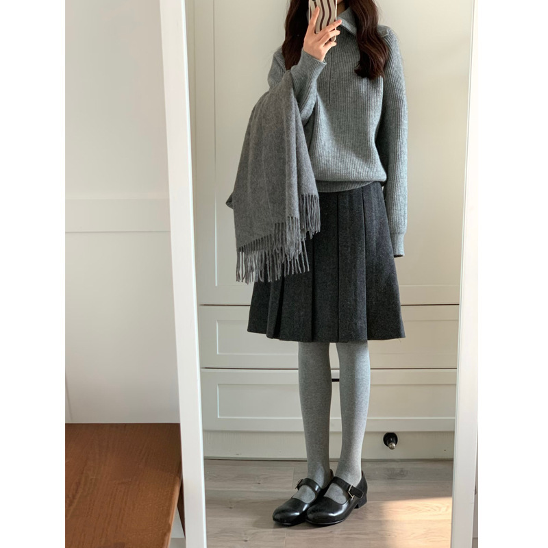 小红薯爆款~秋冬学院风深灰色毛呢百褶半身裙女高腰显瘦A字中裙子|undefined