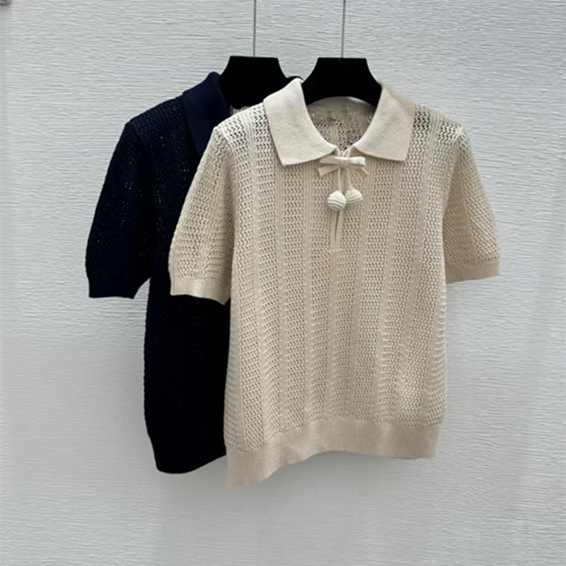 High-End Shenzhen Nanyou Polo Collar Solid Color Hollow-Out Short-Sleeve 26 Spring/Summer New Fashion Youthful Knit Top High-End Shenzhen Nanyou Polo Collar Solid Color Hollow-Out Short-Sleeve 26 Spring/Summer New Fashion Youthful Knit Top