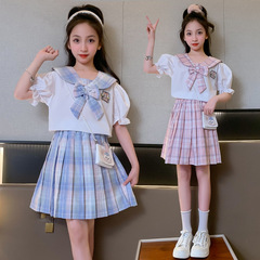 女の子jkスーツのスカート韓国版六一ショーの服の半袖夏服の学院の風の女の子のプリーツのスカートの2つのセットのファッション