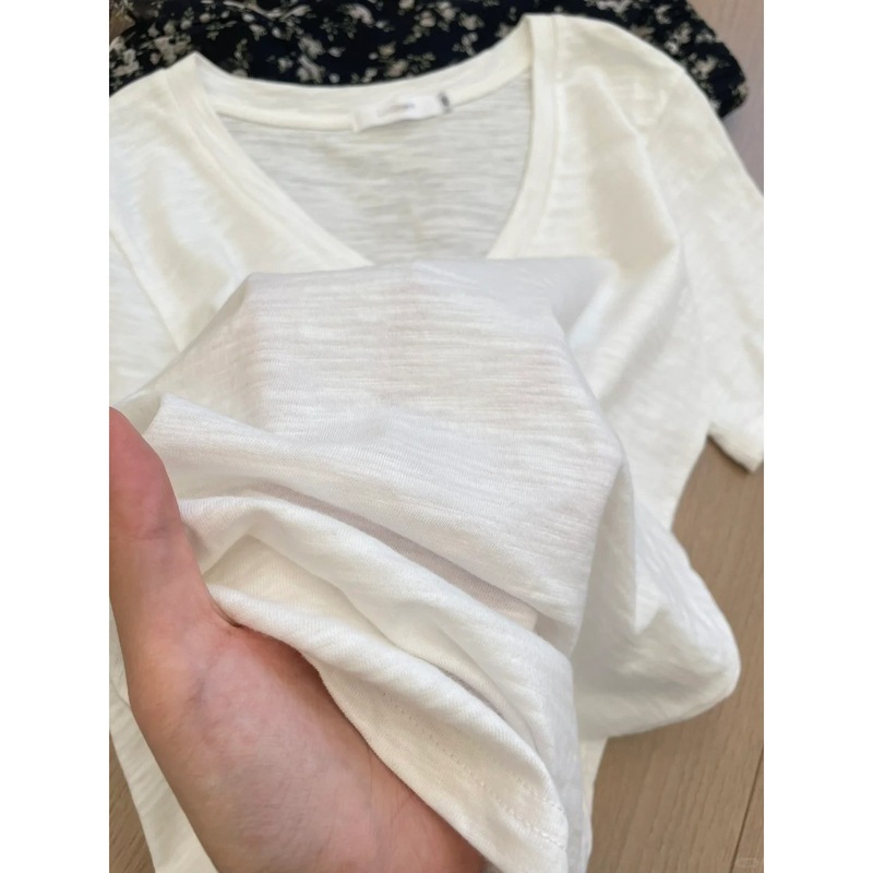 ホワイトレイジースタイル V ネック竹綿半袖レディース夏カジュアルルーズコットン Tシャツ薄い通気性ボトムストップ|undefined