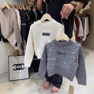Korean Girls' Clothing 2025 Autumn and Winter New Pullover Tops Girls Trendy Heavy Sequin Letter Embroidered Sweaters