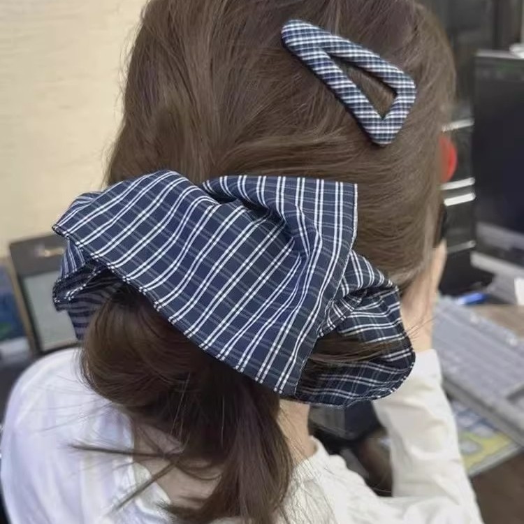 韩版藏蓝色复古格纹发夹侧边夹甜美小众格子布艺发圈方形大肠圈女|undefined