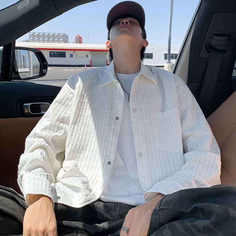 NASA格纹外套男春秋季潮流宽松风衣服青少年单排扣翻领衬衫式夹克|undefined