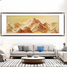 纯手工錾刻铜雕聚宝盆日照金山沙发背景大气挂画客厅横版装饰画