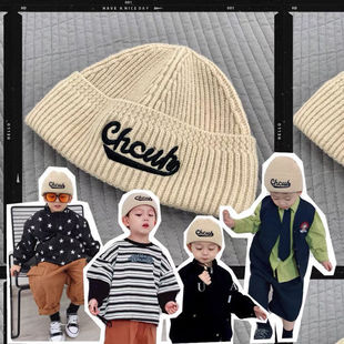Korean ins Style Children's Simple Knitted Hat Trendy Boy's Letter Embroidered Wool Hat Baby Melon Hat Autumn and Winter