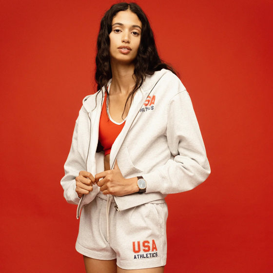 24 Fall/Winter New North American Niche Sporty & Rich Letter USA Fleece Hooded Sweatshirt Women's Zipper Jacket