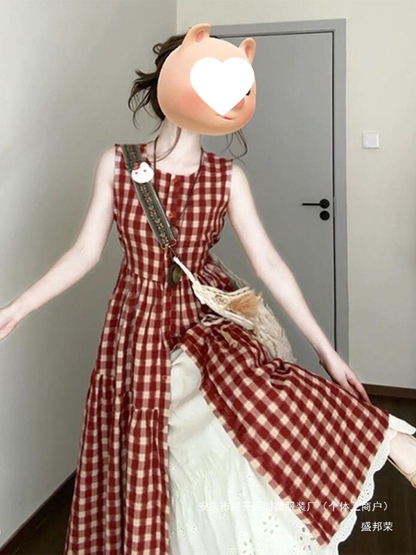 厂家法式复古小个子新款子女无袖长裙夏季气质收腰红色格子连衣裙|undefined