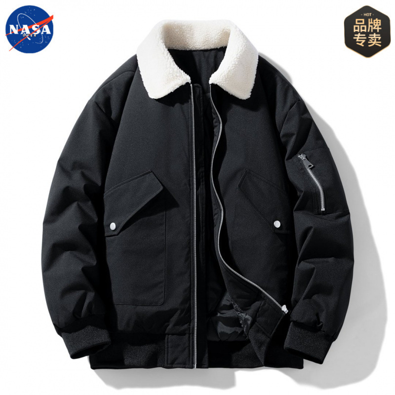 NASA品牌冬季加厚羊羔绒翻领棉衣男士大码潮牌保暖夹克棉服外套|undefined