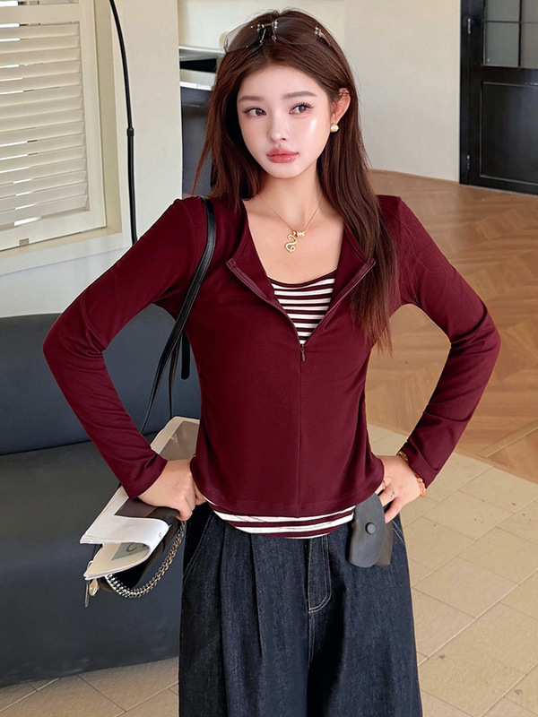 条纹拼接长袖T恤女春秋韩版2025新款设计感修身显瘦气质内搭批发|undefined