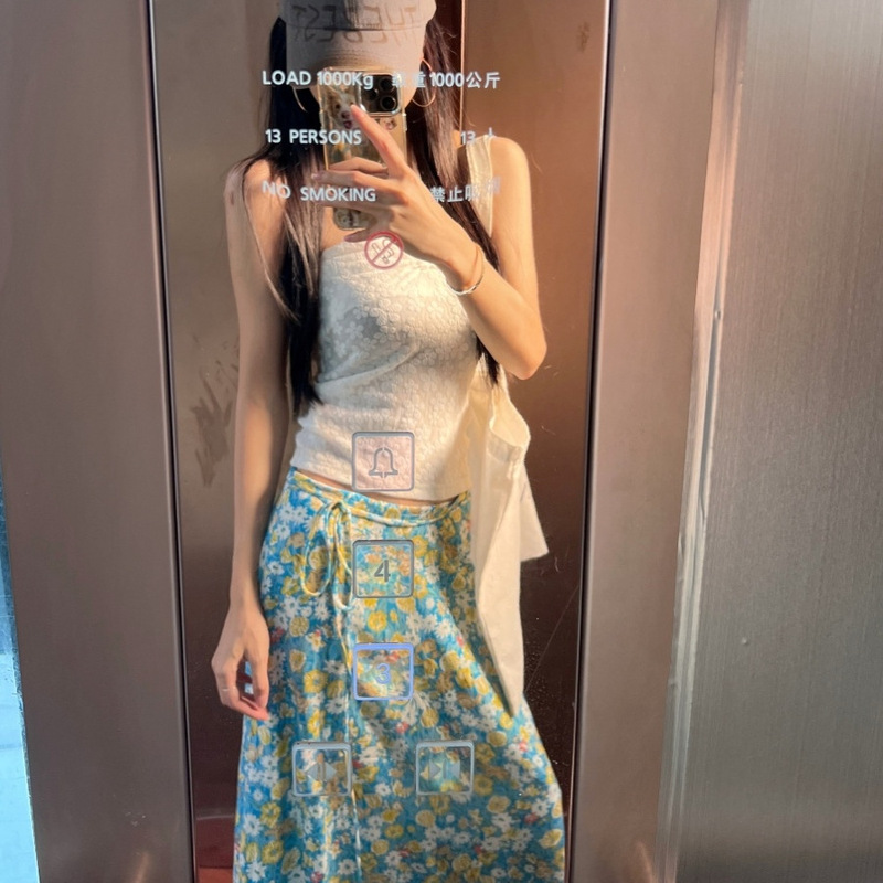女性用巾着チューブトップ+ブルー花柄スカート夏の新しい海辺のリゾートスタイルのツーピーススーツ|undefined