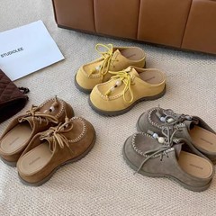 葡萄妈秋季新款增高5.5cm~呆萌大头串珠系带反绒皮袋鼠勃肯半拖厚