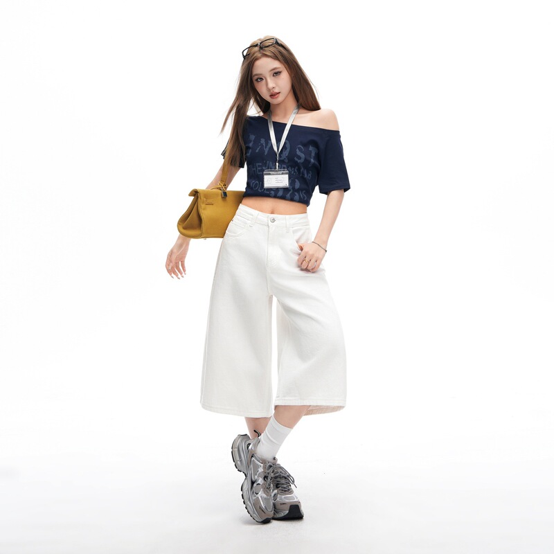 Off-White High-Waisted Cotton Cropped Jeans for Women, 2026 Summer New Style, Straight Loose Fit, Slimming and Versatile Mid-Length Pants
