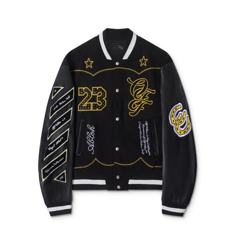 Off-White 2024 Autumn/Winter New Heavy Embroidery Rhinestone Patchwork Leather Baseball Jacket Couple Style in Stock