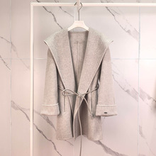 2025冬季新款女装气质浴袍连帽系带双面毛呢大衣外套女5GA170281