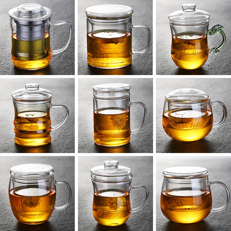 Transparent Glass Cup with Handle, Heat-Resistant Flower Tea Cup, Tea Cup, Coffee Cup, Filter Liner, Office Cup, Elegant Cup, Thickened