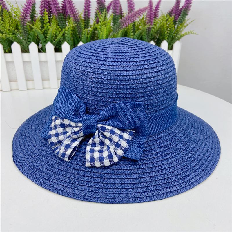 White, Beige, Pink Color Korean Summer Plaid Bow Straw Fisherman Hat Shade Travel Straw Hat