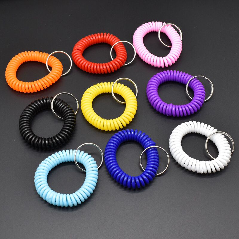 Plastic Qq Spring Ring Wristband Colorful Telephone Cord Bracelet with Key Ring Foot Bath Storage Tag Retractable Keychain Ring