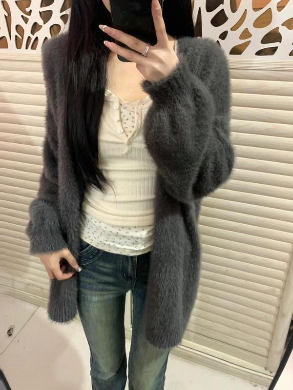 慵懒风时尚貂绒软糯毛衣女外套秋季新款宽松纯色v领针织开衫上衣|undefined
