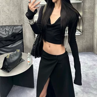 现货0122ste暗黑女巫 连帽荡领上衣秋季设计感露脐短款黑色长袖T