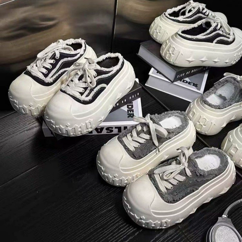 Джинсовые туфли с большим носком, женская обувь на платформе с толстой подошвой и шнуровкой, парусиновые полутапочки с перекрестным носком, спортивная повседневная обувь