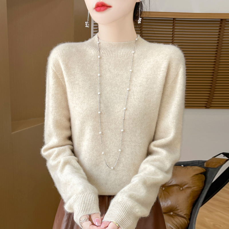 Seamless One-Line Ready-To-Wear 100 Cardigan Women's Cashmere Loose Knitted Bottoming Shirt Half Turtleneck Sweater Autumn and Winter New Style Seamless One-Line Ready-To-Wear 100 Cardigan Women's Cashmere Loose Knitted Bottoming Shirt Half Turtleneck Sweater Autumn and Winter New Style