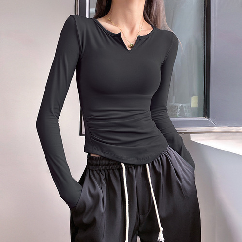 Pure Color Simple V-Neck Tight-Fitting Waist-Clinching Jun You Yun Dong Thin-Fitted Slimming Running Top