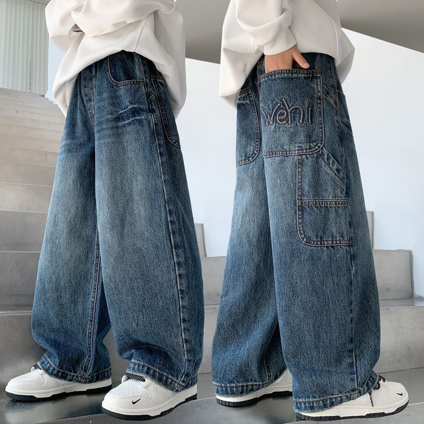 Boys' jeans, spring and autumn style, 2026 new style, loose straight leg pants for medium and large children, casual long pants for boys, trendy style.