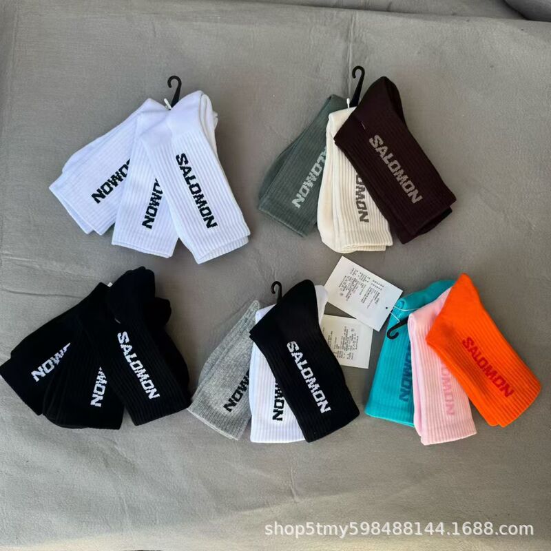 Salomon Outdoor Sports Socks Towel Bottom Cotton Socks Letter Mid-High Socks Men and Women Couple Socks