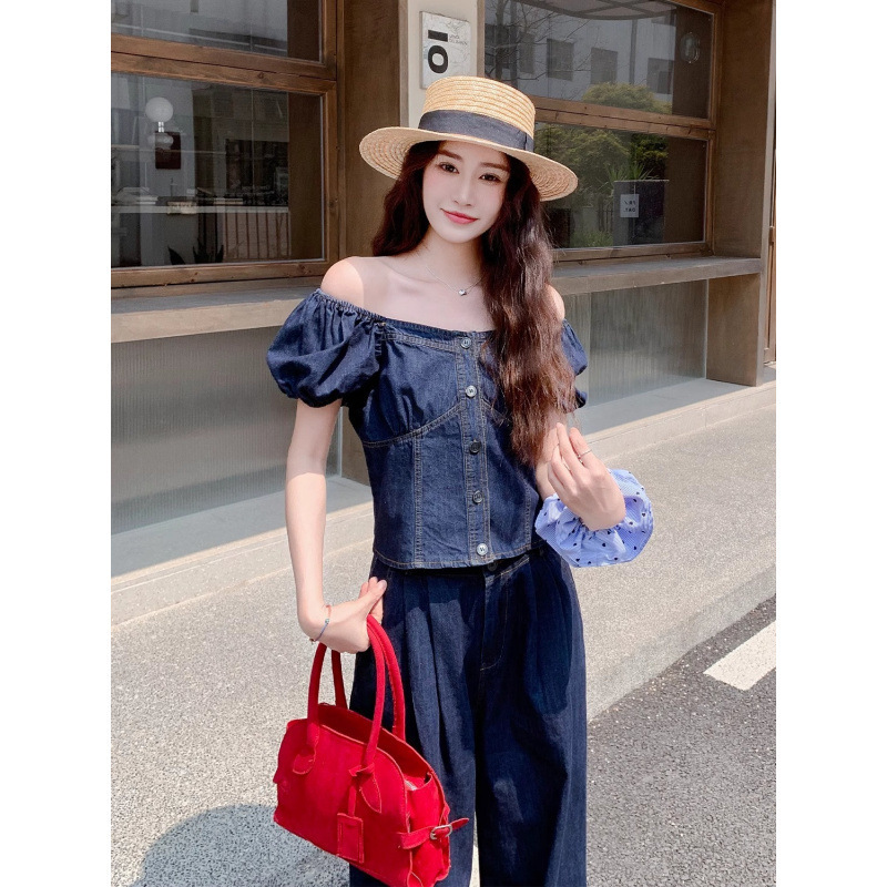 レトロスクエアカラーパフスリーブデニムスーツ女性のための夏の新しいスタイルの塩と甘いハイウエストワイドレッグパンツツーピースセット|undefined