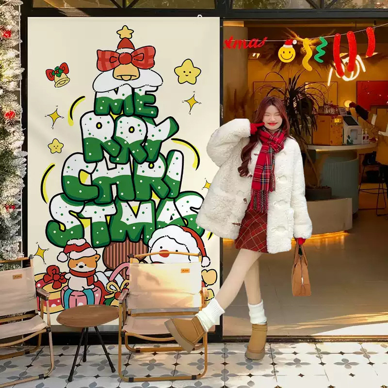 메리 크리스마스 장식 트리 레이아웃 배너 교수형 천 쇼핑몰 상점 유치원 장면 분위기 사진 소품