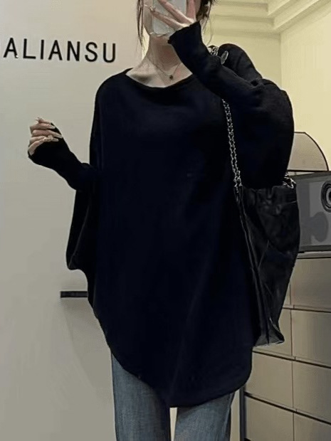 紫色不规则斜肩套头毛衣女秋季宽松露肩2025新款慵懒风针织衫衣|undefined