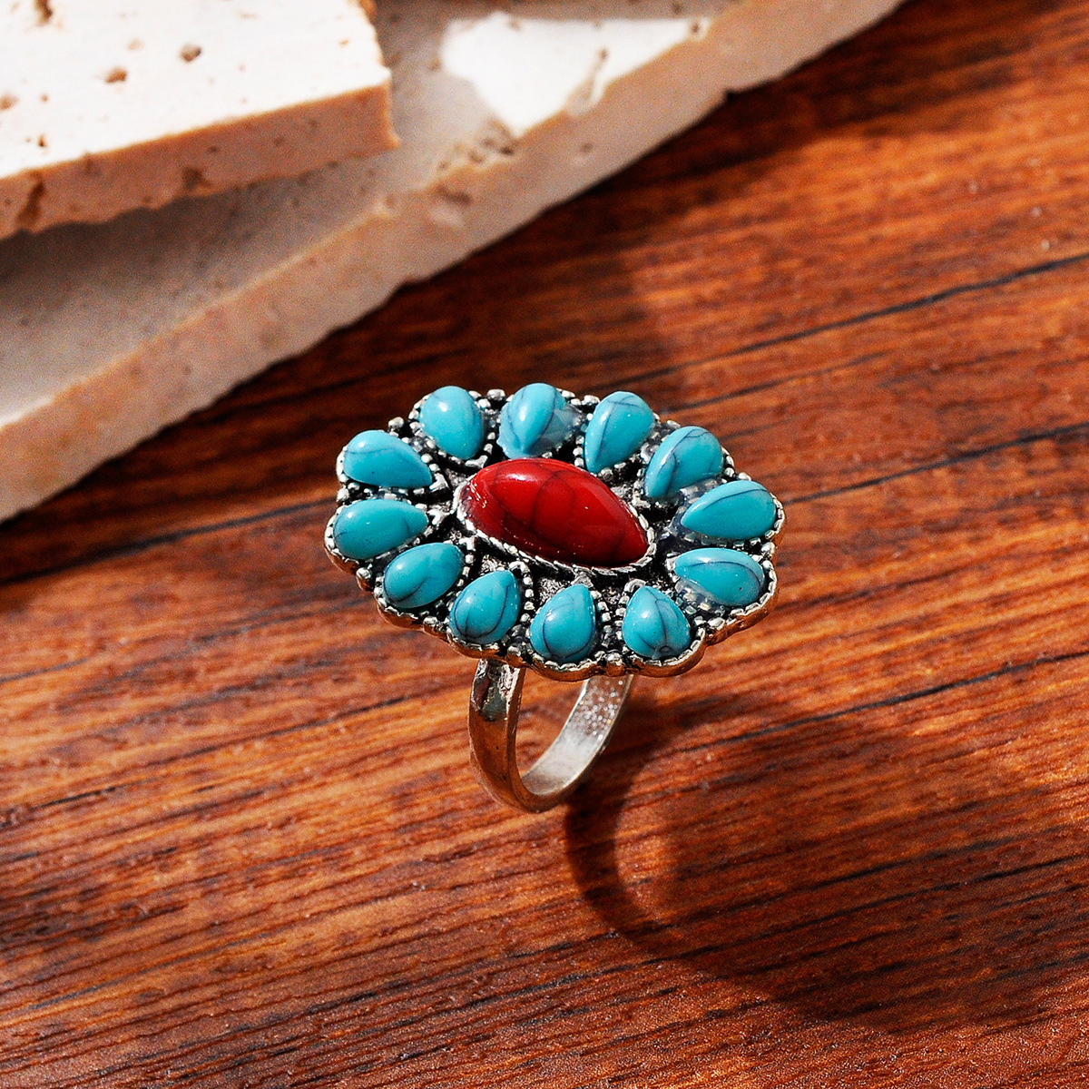 Wholesale Jewelry Vintage Style Printing Geometric Imitation Turquoise Alloy Plating Rings display picture 5