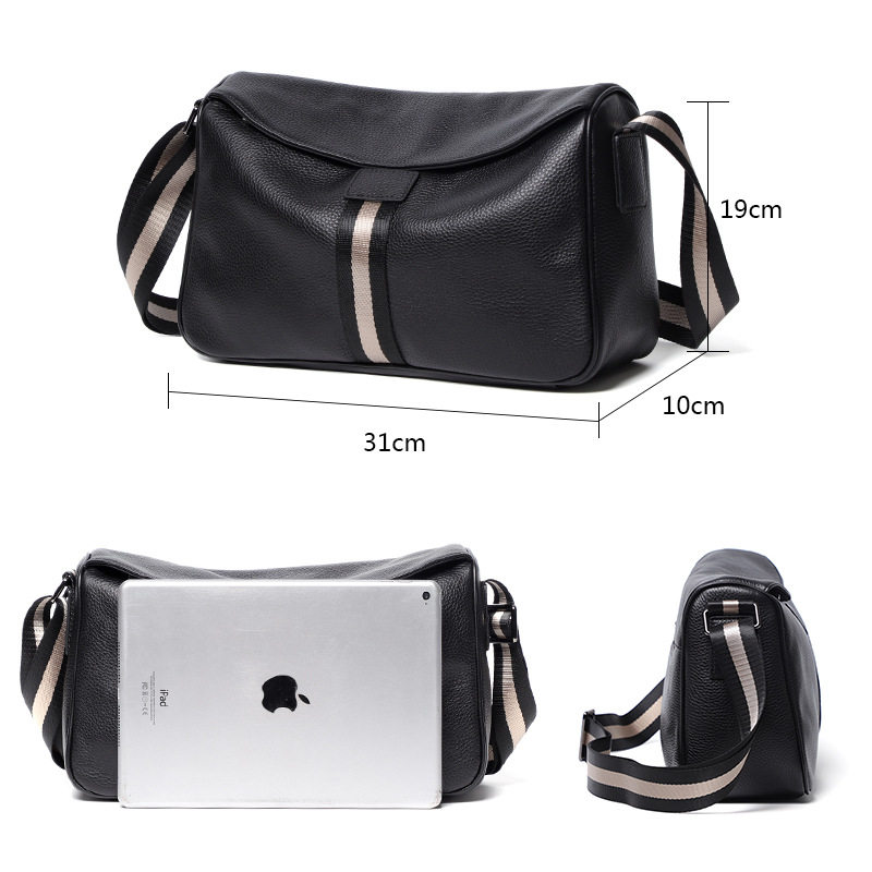 Túi đeo chéo nam da bò mềm kiểu mới, túi đeo vai thời trang thể thao thường ngày 32×20×10 cm — Màu đen vân vải