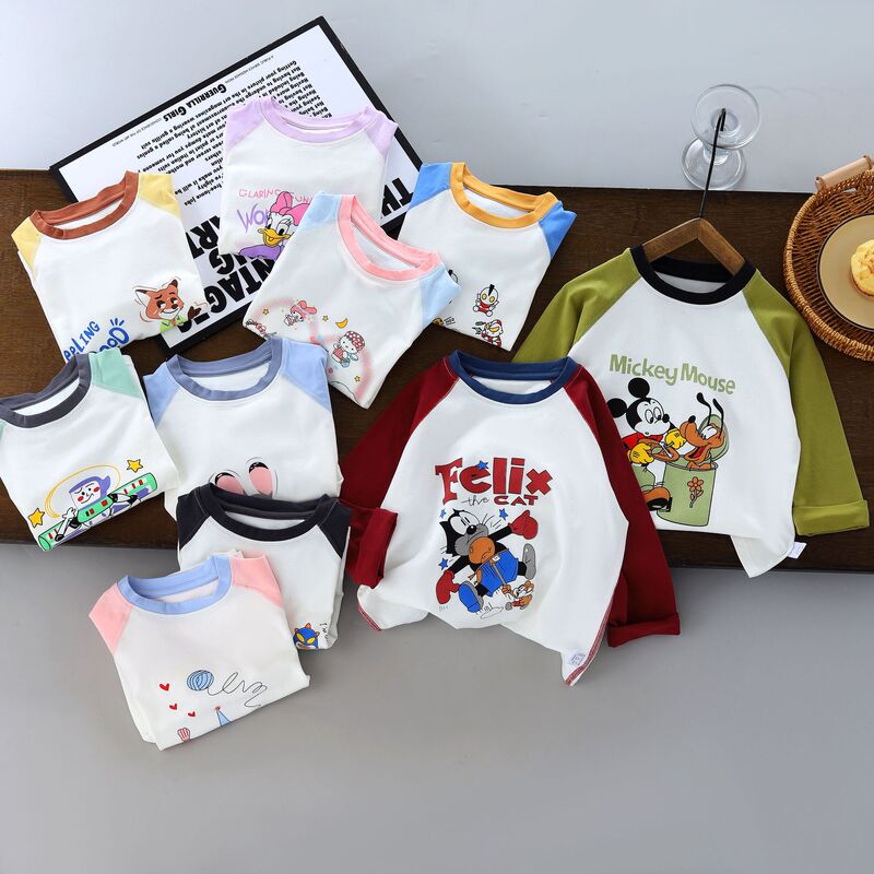 【Minimum Order of 2 Pieces】10A Children's Long-Sleeve Pure Cotton Cartoon T-Shirt, Unisex Children's Base Layer Top, Autumn Color-Blocking 【Minimum Order of 2 Pieces】10A Children's Long-Sleeve Pure Cotton Cartoon T-Shirt, Unisex Children's Base Layer Top, Autumn Color-Blocking
