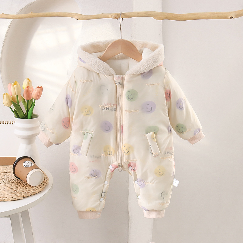 Invierno recién nacido 0-1 ropa de salida con capucha para bebés ropa de algodón modelos de otoño e invierno para bebés más mamelés de felpa con cara sonriente gruesa