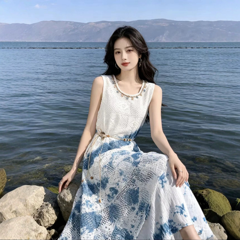 Yunnan Dali tie-dye sleeveless dress with irregular hem, faux two-piece long dress, beach vacation dress Yunnan Dali tie-dye sleeveless dress with irregular hem, faux two-piece long dress, beach vacation dress