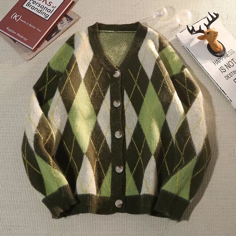 Japanese-style Rhombus Cardigan Sweater Men's Autumn and Winter Lazy Style V-neck Sweater for Couple Trendy Brand Loose Sweater Coat