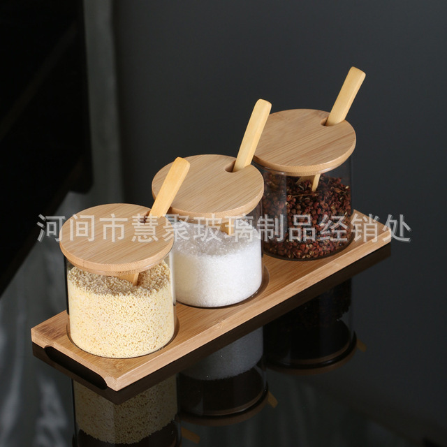 Salmuera transfronteriza, condimento de azúcar, botella de condimento de vidrio, tanque de almacenamiento redondo con cuchara, juego de combinación de tanque sellado con condimento de bambú y madera