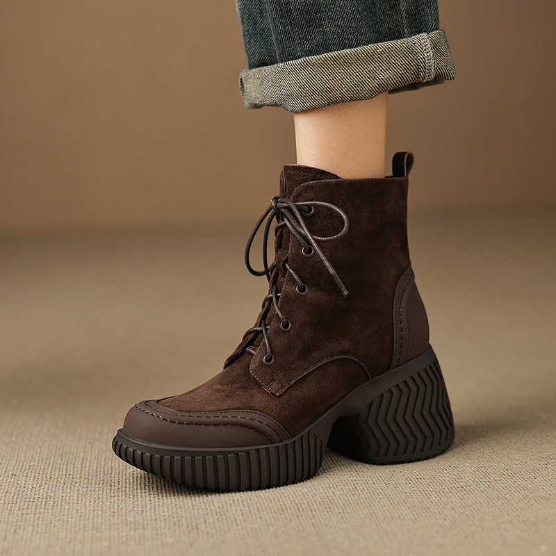 Autumn and Winter Thick-Heeled Lace-Up Boots Export Korean Style Nude Boots High-Heeled Short Boots Women's Velvet Lining Warm and Thick-Soled Non-Slip Autumn and Winter Thick-Heeled Lace-Up Boots Export Korean Style Nude Boots High-Heeled Short Boots Women's Velvet Lining Warm and Thick-Soled Non-Slip