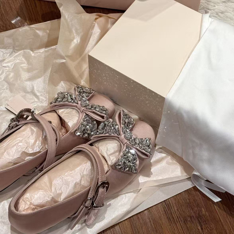 In-Stock Fairy-Style Bow-Knot Rhinestone Square-Toe Mary Jane Shoes 2025 Autumn New Style Single Strap Height-Increasing Shoes