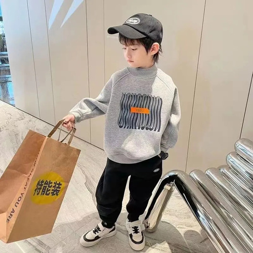 Children's Fleece Sweatshirt 2024 New Winter Boys One-Piece Fleece Casual Half-Neck Medium and Large Children Korean Style Base Shirt